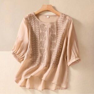 Elegant Beige Embroidered Women's Top